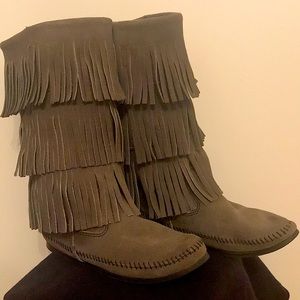 Gray Minnetonka Fringe Boots